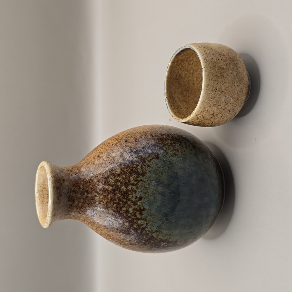 Japanese Mino Ware Sake Bottle & Cup Set Sunaji-Ainagashi Ceramic Pottery Japan - Picture 2 of 8